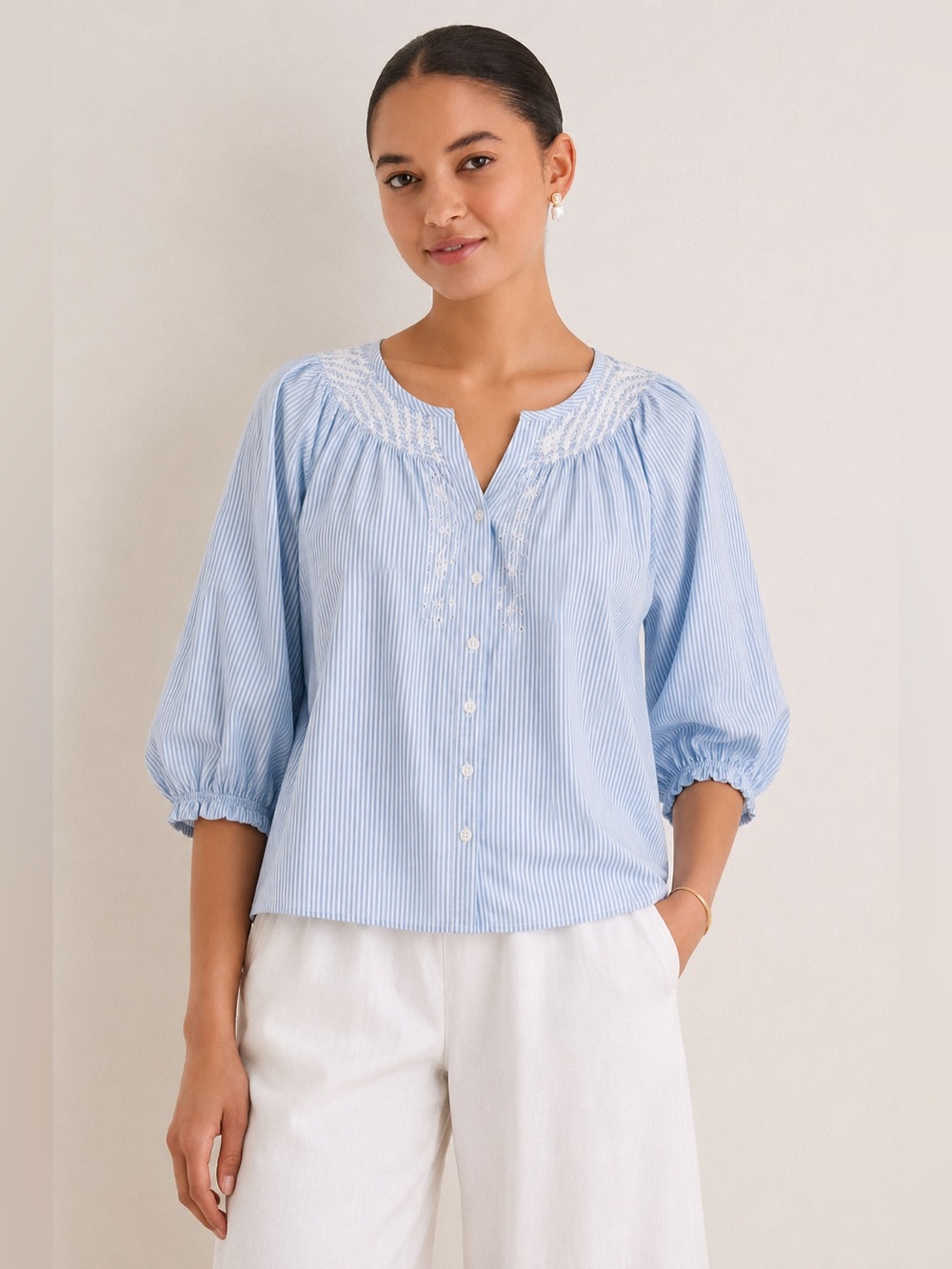 Van Heusen Smocked Embroidered Seersucker Top Blue White Stripe *25